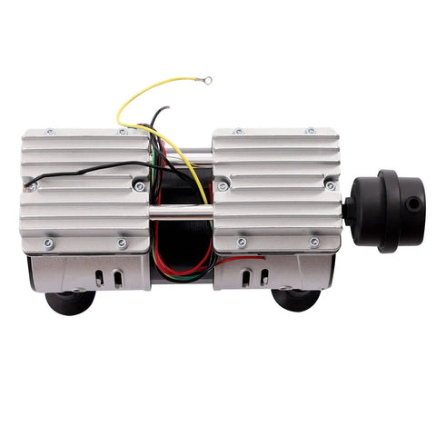 Heavy Duty Dual Cylinder Oil Free Vacuum Pump With Slick 110V Copper Motor 1440RPM side view showcasing motor and wiring details.