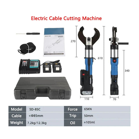 Electric Cable Cutting Machine with specifications, two batteries, manual, and black carrying case for heavy-duty tasks.