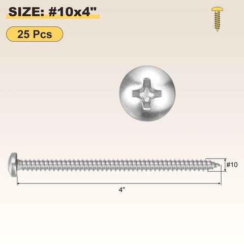 Rock Solid 304 Stainless Steel Phillips Pan Head Self Tapping Screws Number 10 By 4 Inch Heavy Duty Fasteners for Sheet Metal and Wood 25 Pack