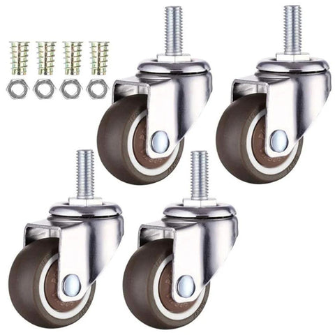 Set of 4 Norgail 1-inch swivel caster wheels with M6x15mm threaded stems; soft rubber TPE tires and mounting hardware