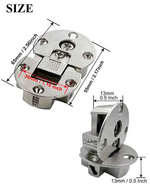 2Pack 90 Degree Hidden Flush Mount Hinges for 90 Degree Opening, shown with measurements, zinc alloy, front and side view