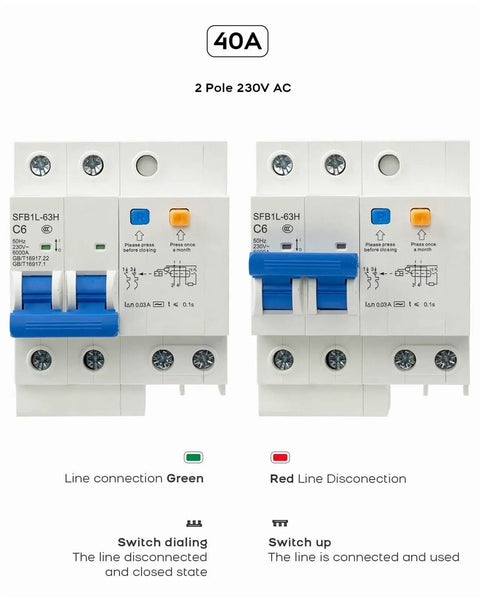 Pro Grade Heavy Duty 40 Amp 2 Pole Din Rail Mount Leakage Protection Miniature Circuit Breaker Ac 230V And 110V with indicators.