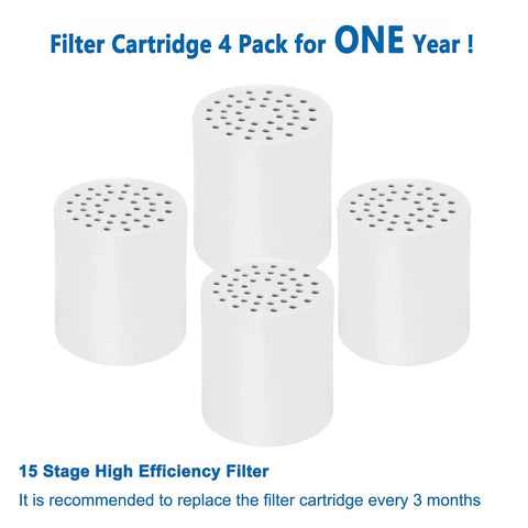 15 Stage Shower Filter Replacement Cartridge With VC For High Output Universal Fit Cuts Chlorine And Heavy Metals Fluoride Lime And Scale Keeps Your Skin And Hair Feeling Fresh Easy Install 4 Pack. Image shows four white cylindrical filter cartridges.