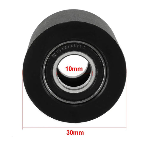 High Quality Slick Roller Idler Bearing Pulley Engineered For Zero Grind Smooth Ride Sliding Conveyor Wheel For Flat Belt Machinery With Low Noise Black 10MM Bore 30MM Outside 30MM Thickness, showing a black polyurethane roller with dimensions.
