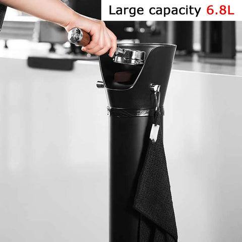 Top Shelf Espresso Knock Box With Hella Durable Coffee Grounds Catcher Bin 6.8 Liter Capacity shown holding grounds with towel.