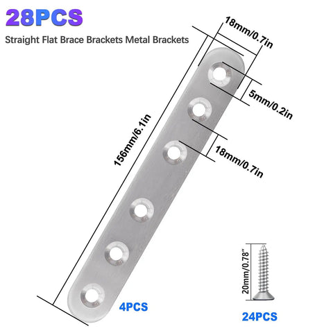 28 Piece Dang Solid Stainless Steel Flat Corner Brackets For Wood And Carpentry, No Sweat Corrosion Resistant Metal Straps With Rounded Edges shown with dimensions.