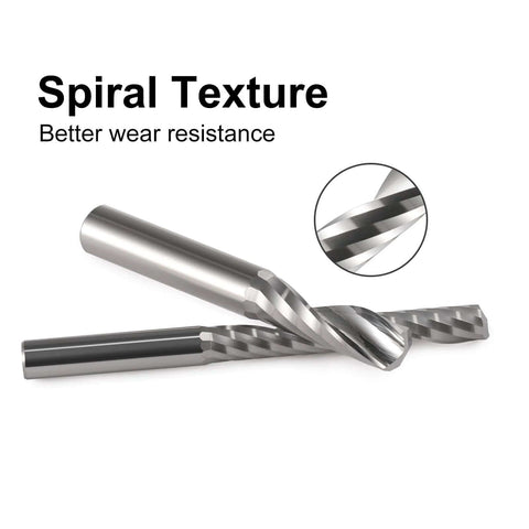 Carbide end mill, 1/8 in shank, 1/16 in dia, single-flute up-cut spiral for acrylic, pack of 10, front view