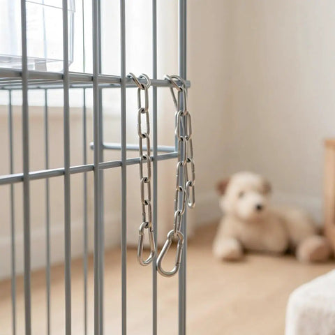 Heavy Duty Stainless Steel Chain Gate Latch With Double Carabiner Hooks For Pet Cages And Dog Fences installed on a pet cage.