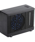 Compact 12V Car And Home Mini Air Cooler With Evaporative Water Cooling And Two Speed Switches, sturdy black housing.