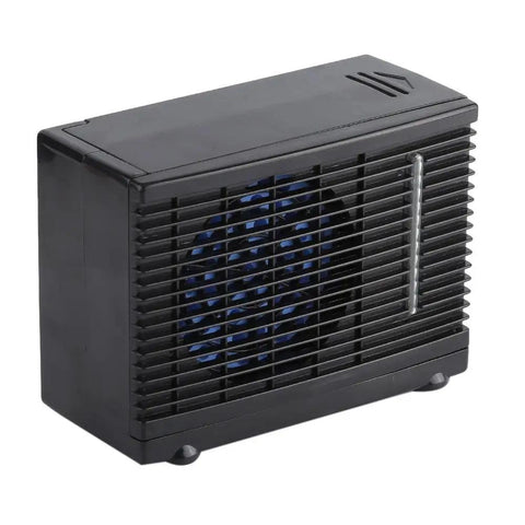 Compact 12V Car And Home Mini Air Cooler With Evaporative Water Cooling And Two Speed Switches, sturdy black housing.