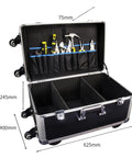 Heavy Duty Rolling Tool Box With Retractable Handle And Smooth Ball Bearings Portable Equipment Organizer Cart with open layout and dividers.