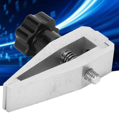 Push-Pull Force Fixture Clamp For Tensile Testing, stainless steel with an adjustable knob and cogging friction, close-up view.