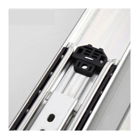Heavy Duty 12 Inch Drawer Slides With Lock Full Extension Ball Bearing Runners close-up of steel tracks and integrated clip.