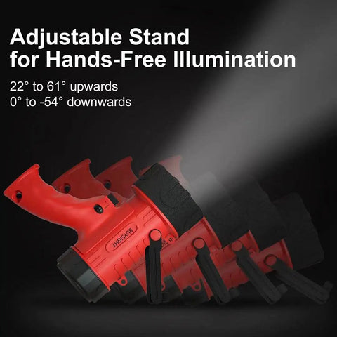 Rechargeable Handheld Spotlight Flashlight 200000 Lumens with adjustable stand for hands-free use, side view.