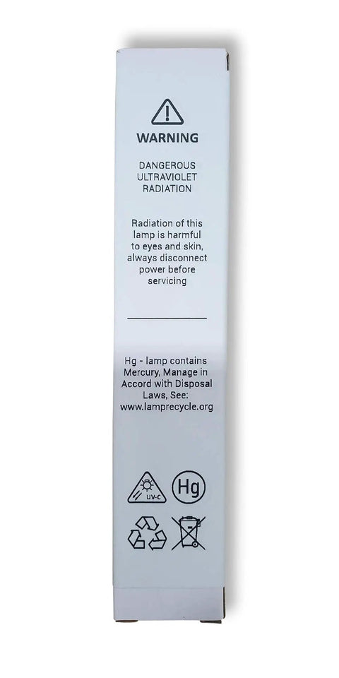 Side view of Original OEM UV Light Bulb Replacement for Best Deal UV D200 R18 R18D Systems packaging with warning labels.