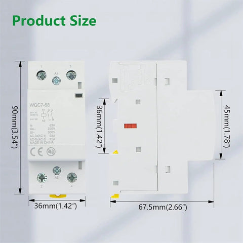 Heavy Duty 63A Two Pole Din Rail Contactor With 24V Ac Dc Coil dimensions 90mm x 36mm x 45mm close-up product size.