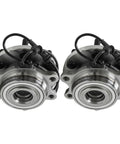 Front Wheel Bearing And Hub Assembly Compatible With Nissan Frontier 2005 To 2016, Pathfinder 2005 To 2012, Xterra 2005 To 2015, Suzuki Equator 2009 To 2012, 2 Piece Front Wheel Hub Kit For Easy Bolt On Replacement, showing two metal assemblies with wiring, front view.