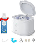 Ultrasonic Retainer Cleaner 46kHz 2-in-1 Jewelry and Dental Cleaning Machine with open lid and various items, Quick Stain Removal in Minutes