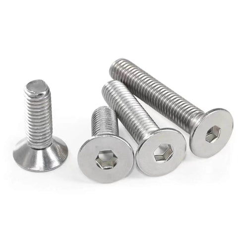 Flat Head Socket Cap Screws Set DIN7991 M1.6x3mm 304 Stainless Steel Machine Screws Allen Hex Drive, showing flush countersunk heads