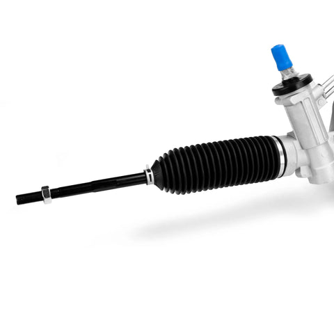 Close-up of Hydraulic Power Steering Rack And Pinion For Chevrolet Silverado 1500 And GMC Sierra 1500 2007-2013 Direct Fit Replacement Plug And Play For Smooth Steering And Durable Hydraulic System showing inner tie rod and dust boot.