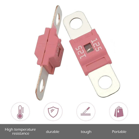 Heavy Duty 3 Pack 125A Midi High Current Fuses Rock Solid Automotive Bolt On Kit Flat Plate Electrical Protection For Trucks Cars And RVs Campers Straight Swap Underhood Surge Guard, showing pink fuses with metal connectors.