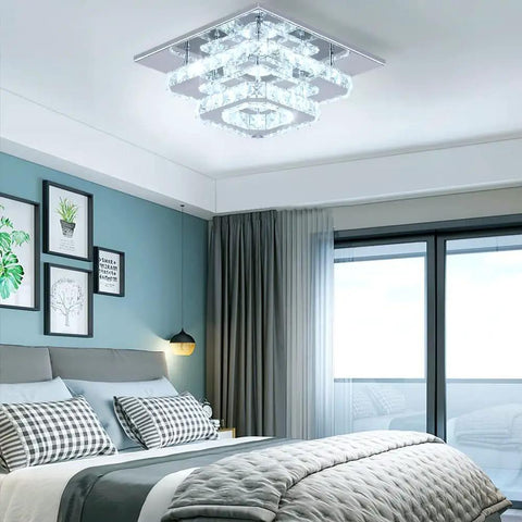 Crystal Square Ceiling Light Chandelier With Modern LED Flush Mount Two Layer Design in bedroom setting