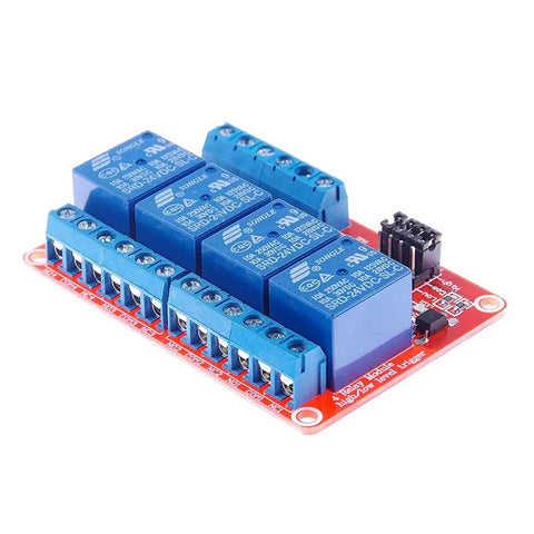 Four Channel 24V Relay Module With Opto Isolation High And Low Level Trigger for PLC automation, industrial use, red board with blue relays