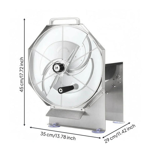 Beefy Stainless Steel Manual Slicing Machine With Guard Plate Baffle And Hand Crank Spare Parts For Home Kitchen Use front view with dimensions
