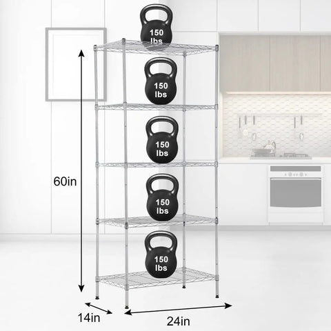 Super Rigged Five Tier Wire Shelving Rack Featuring 750 Pound Load Capacity Adjustable Heavy Duty Metal Storage Shelf Unit For Kitchen Office Garage Or Basement Work Flex System