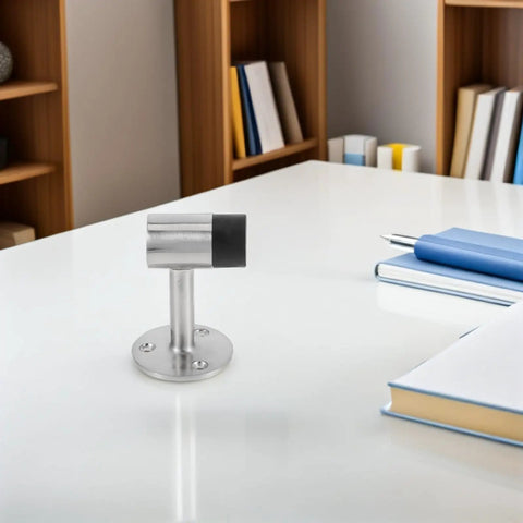 Zinc Alloy Door Stopper With Rubber Bumper, Rust Proof And Windproof Design on office desk, silver finish