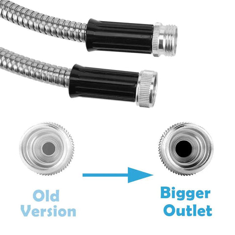 Comparison of Stainless Steel Metal Garden Hose 75 Ft Flexible No Kink Water Hose outlet sizes, showing bigger version.