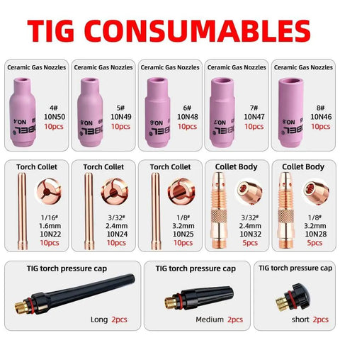 96 Piece TIG Consumables Kit With Foam Case For WP 17 18 26 Torch Includes 50 Alumina Cups 4 Through 8, 10 Gas Lens Bodies, 30 Copper Collets, 6 Back Caps displayed