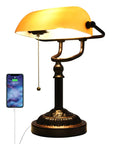 Bankers Desk Lamp With USB Port, Dope Rustic Oil Rubbed Bronze Finish, Pull Chain Desk Light With Amber Yellow Glass Shade