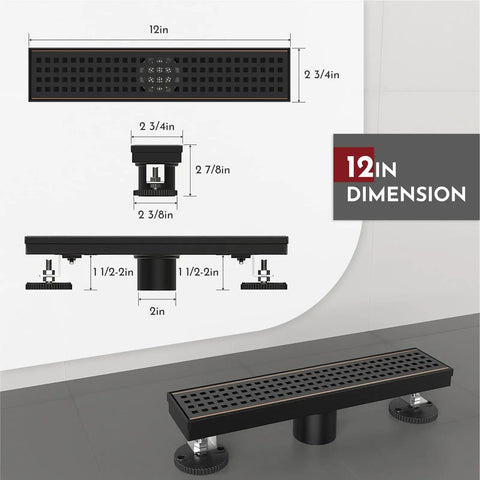 Diagram of 12 Inch Linear Shower Drain With Square Hole Pattern Cover Grate In SUS304 Stainless Steel, Oil Rubbed Bronze Finish