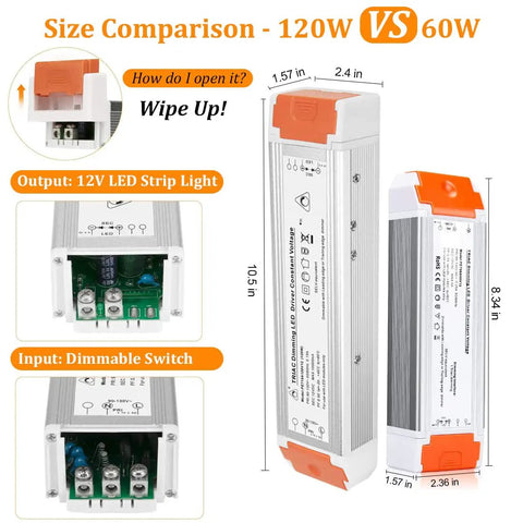 Size comparison of Dimmable LED Driver 120W 12V DC Power Supply with 60W model, showcasing dimensions, input, and output connections.
