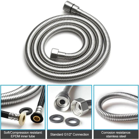 Brushed Nickel Dual Modes Brass Shower Wand High Pressure 59 inch hose detail, stainless steel and EPDM inner tube.