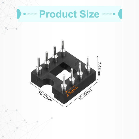 30Pcs DIP IC Socket Adapters Kit, 8 Pin, 2.54mm Pitch, Breadboard Friendly, with dimensions shown, black plastic material
