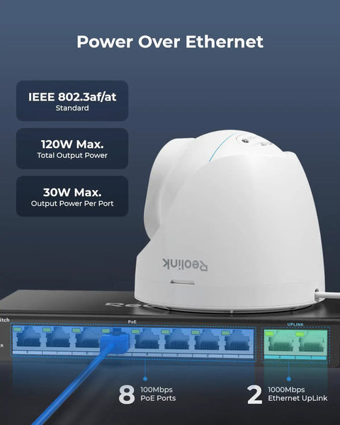 Eight PoE Ports Network Switch With Two Gigabit Uplinks for IP Cameras and NVR, powering a security camera with metal casing.