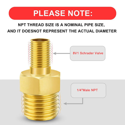 Brass 1/4 NPT To Schrader Valve Adapter Set Of 2 For Portable Air Compressors And Pumps Durable Tire Inflator Conversion No Schrader Valve Core Included