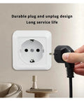 Heavy Duty White Wall Outlet Socket With Ground Wire Switch 16A 220V EU Standard 2 Gang 1 Way Fire Resistant Plastic Electrical Plug For No Sweat Wiring with a hand plugging in.