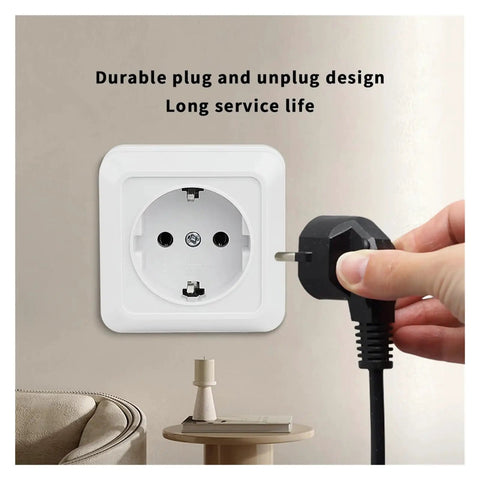 Heavy Duty White Wall Outlet Socket With Ground Wire Switch 16A 220V EU Standard 2 Gang 1 Way Fire Resistant Plastic Electrical Plug For No Sweat Wiring with a hand plugging in.