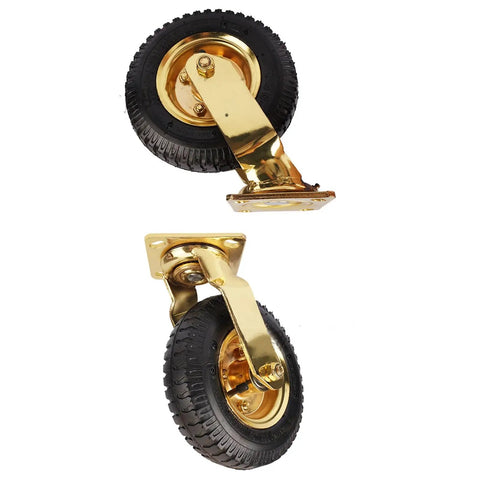 Heavy Duty 8 Inch Pneumatic Rubber Tires For Hotel Luggage Carts Smooth Rolling Brass Hub With Gold Plated Rust Proof Silent Glide Ride Built Tough To Last mounted to a cart.