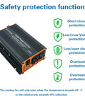 Rugged 500W Power Inverter With Dual AC Outlets And USB Port Converts DC 12V To 110V AC modified sine wave, showing safety features.