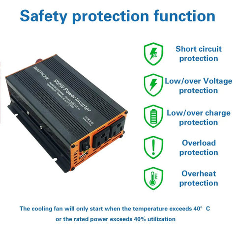 Rugged 500W Power Inverter With Dual AC Outlets And USB Port Converts DC 12V To 110V AC modified sine wave, showing safety features.