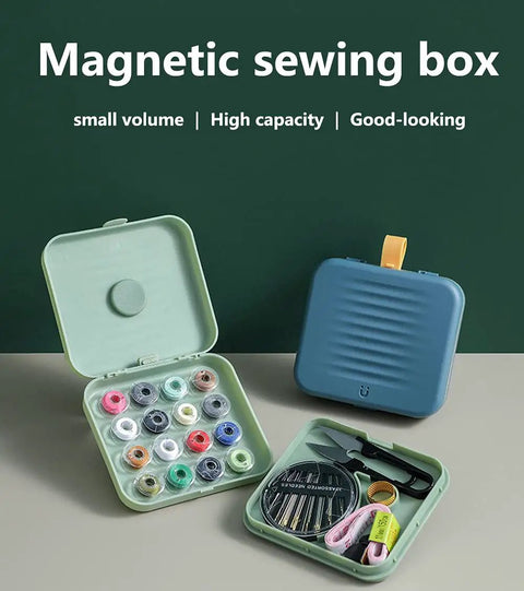 Travel Size Sewing Kit With Compact Blue Storage Box, Beginner Friendly DIY Embroidery Thread And Needle Accessories shown open