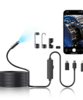 Endoscope Camera With Light 1920P HD Borescope showing cable, lens, adapters, and phone display for inspections.
