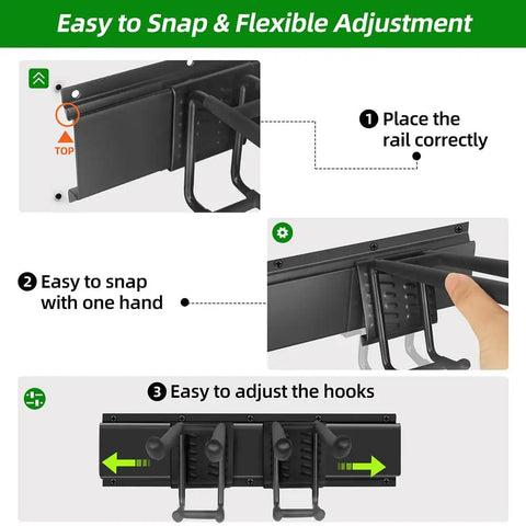 Heavy Duty Garage Tool Organizer With 48 Inch Rails And Six Double Layer Hooks setup process with easy adjustment instruction