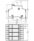Technical drawing of Heavy Duty 4 Pole DIN Rail Fuse Holder for 10x38mm Fuses, 32A 690VAC, RT18-32 Compatible, dimensions shown