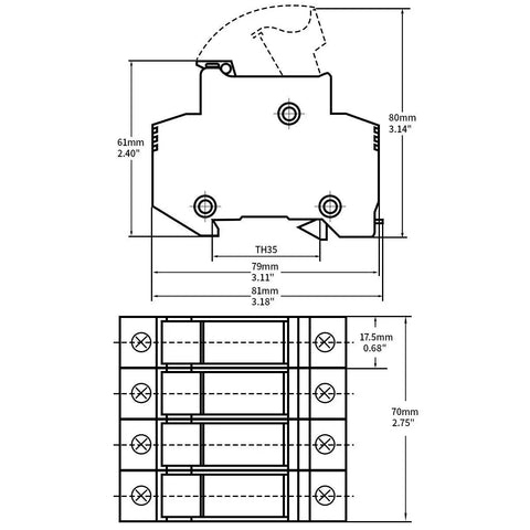 Technical drawing of Heavy Duty 4 Pole DIN Rail Fuse Holder for 10x38mm Fuses, 32A 690VAC, RT18-32 Compatible, dimensions shown