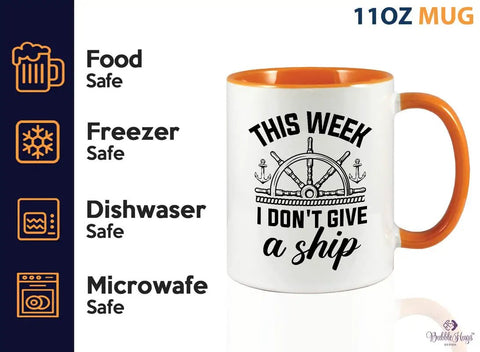 Two Tone Orange Coffee Mug 11oz This Week I Dont Give A Ship Funny Boating Gift displayed with safety icons